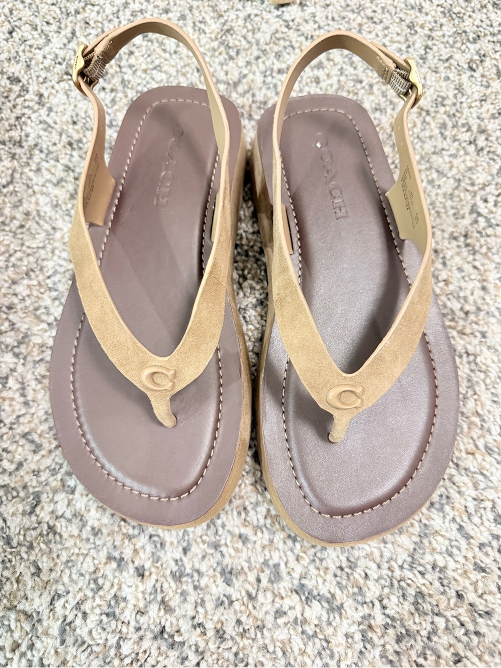 Coach Beige/Tan Suede Thong Platform Sandals